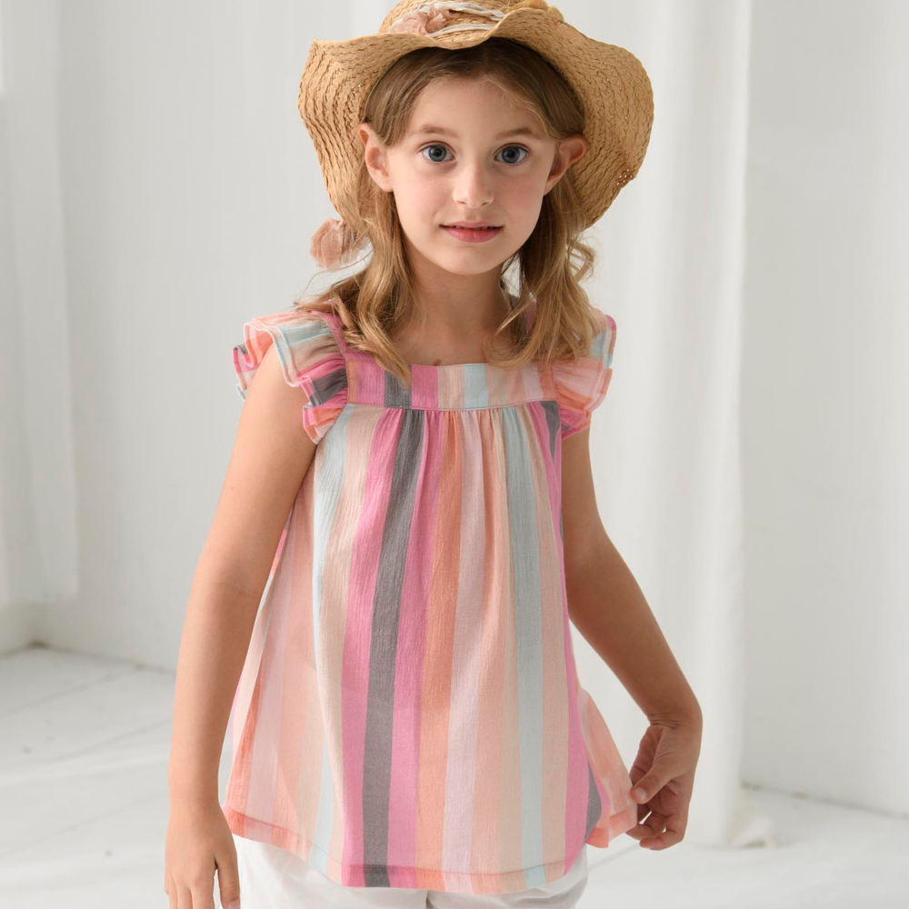 PIPPY 俏麗直條荷葉邊彈性棉方領一分袖上衣 粉紅