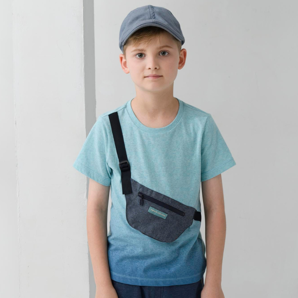 PIPPY 裝飾腰包真口袋漸層彈性棉圓領短袖T恤上衣 藍