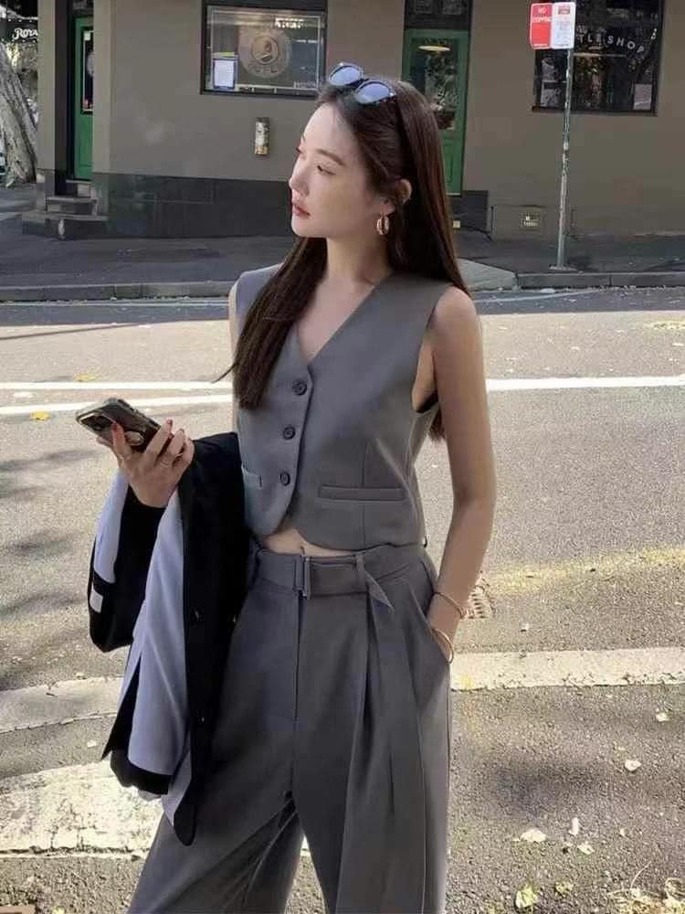 套裝丨俐落質感西裝背心+附腰帶落地長褲