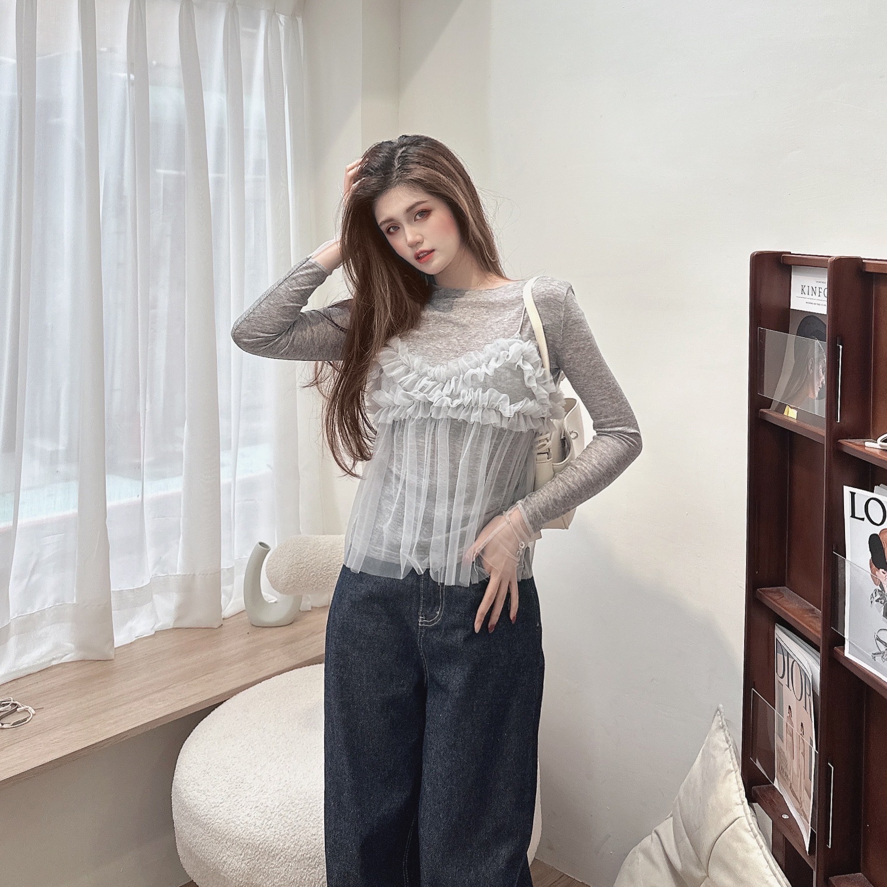 芭蕾風拼接蕾絲疊穿上衣/二色