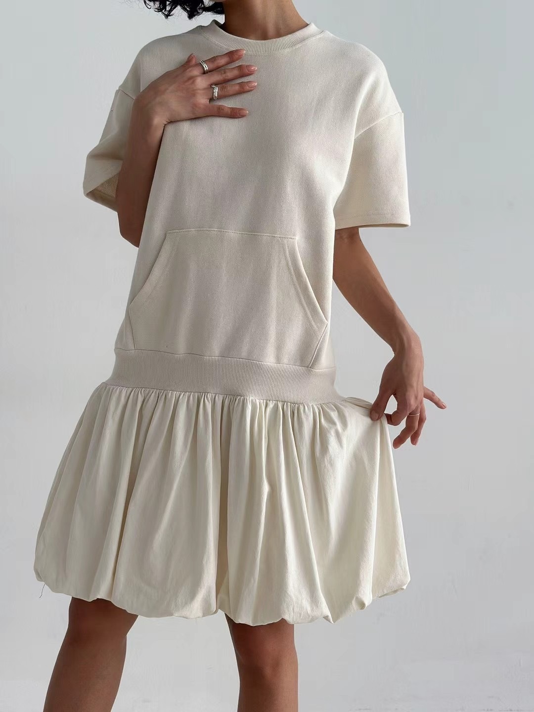 甜美拼接連身小蓬裙