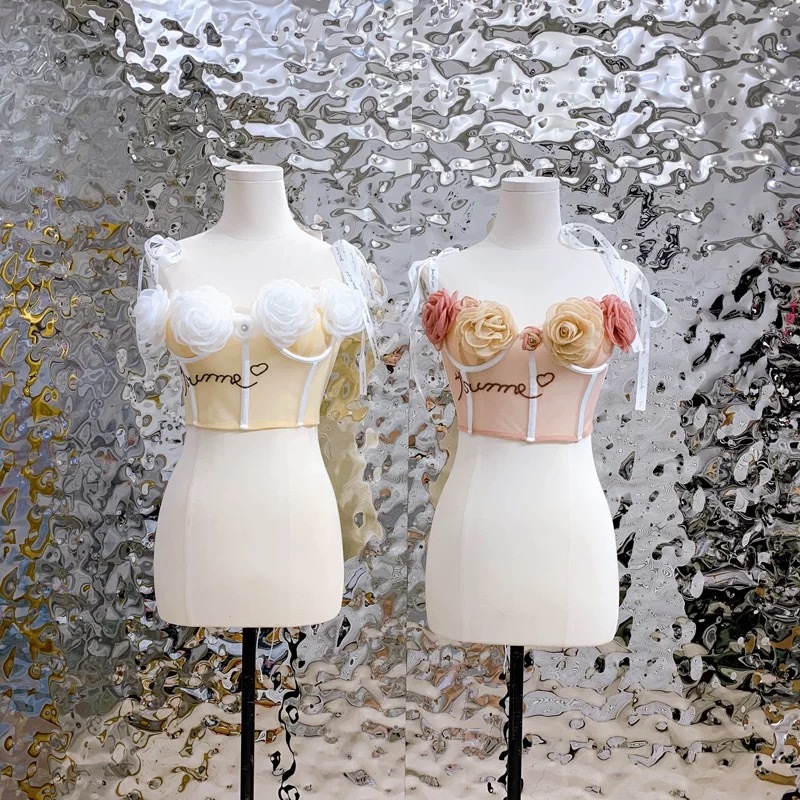 胸花朵刺繡肩膀帶後綁帶馬甲上衣