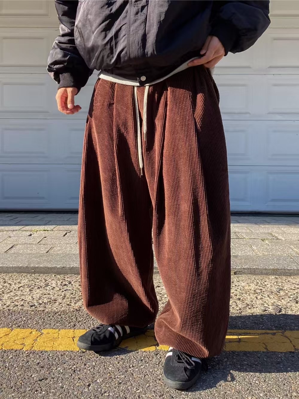 燈芯絨 寬大 打褶 縮口 長褲