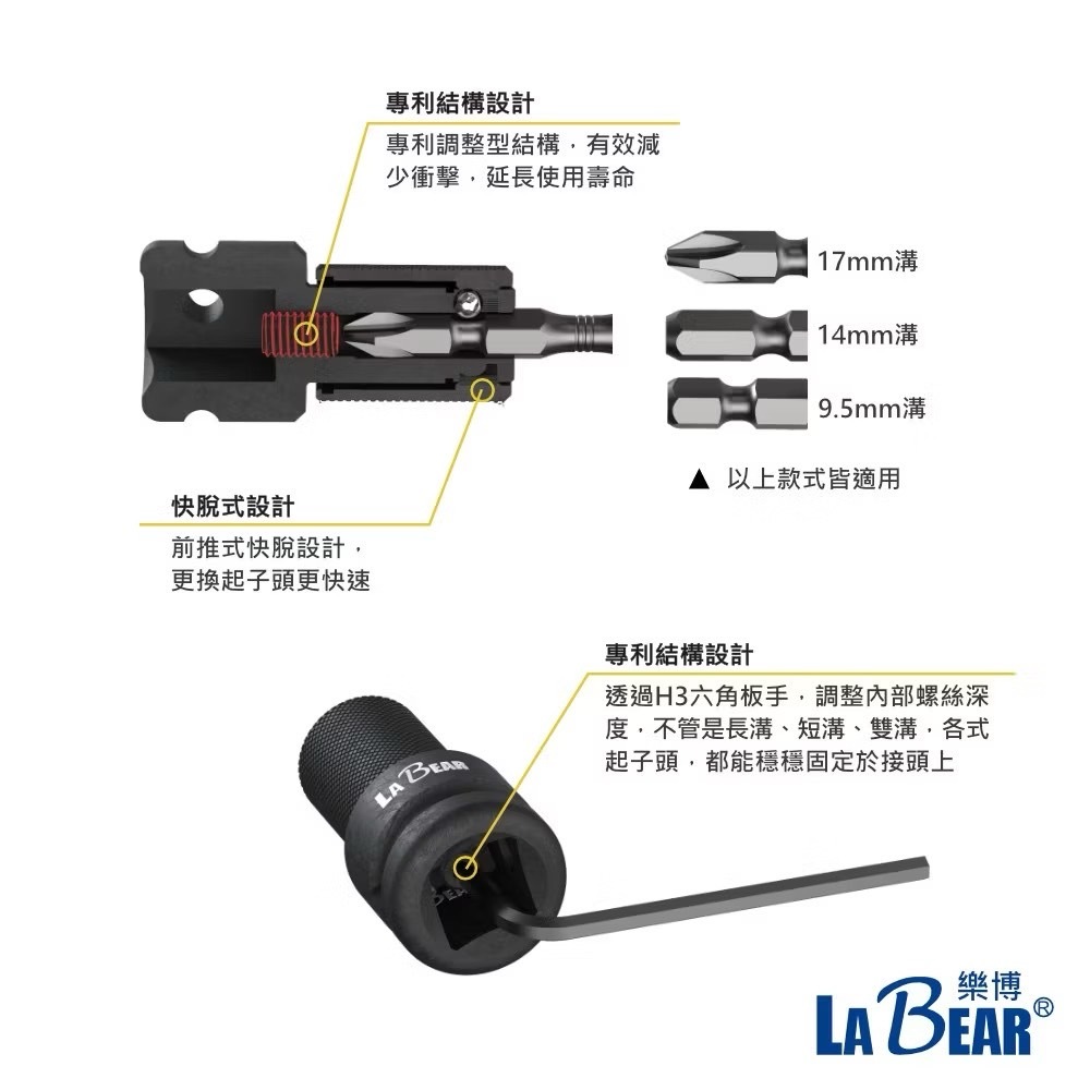 LaBear 樂博｜3/8" 三分轉六角氣動快脫轉接頭｜1/2" 四分轉六角氣動快脫轉接頭｜氣動套筒轉六角 起子快脫接頭