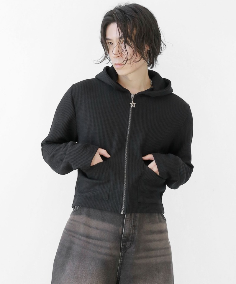 星星拉鍊華夫格短版連帽外套