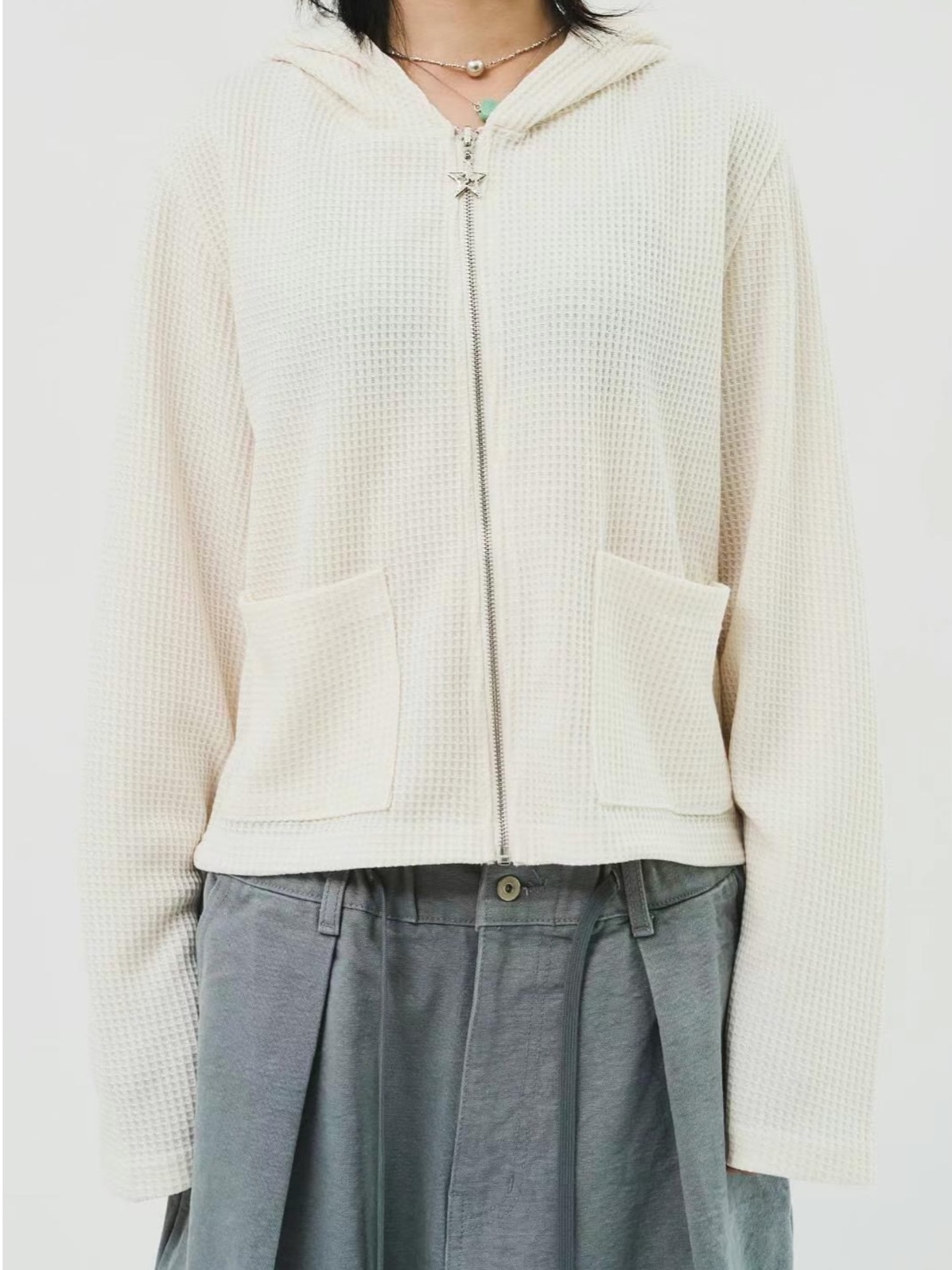 星星拉鍊華夫格短版連帽外套