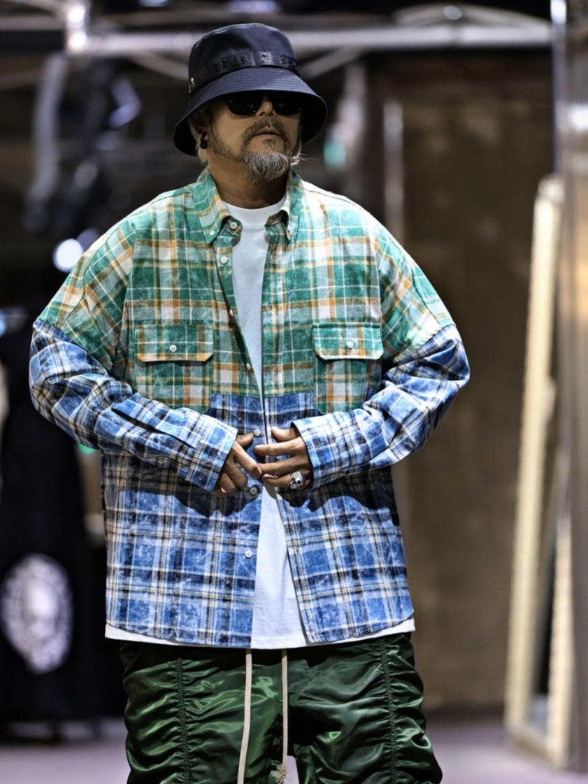 半拼接配色水洗格紋襯衫