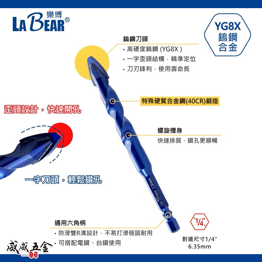 LaBear 樂博｜六角柄一字刃偏心鑽 鎢鋼刀頭 偏心鑽頭 六角軸開孔鑽尾 瓷磚 玻璃 石材 陶瓷 水泥鑽 歪頭偏心鑽頭