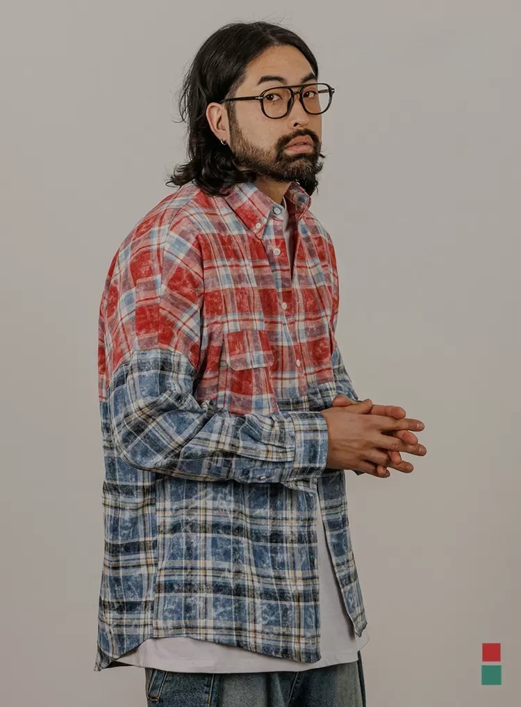 半拼接配色水洗格紋襯衫