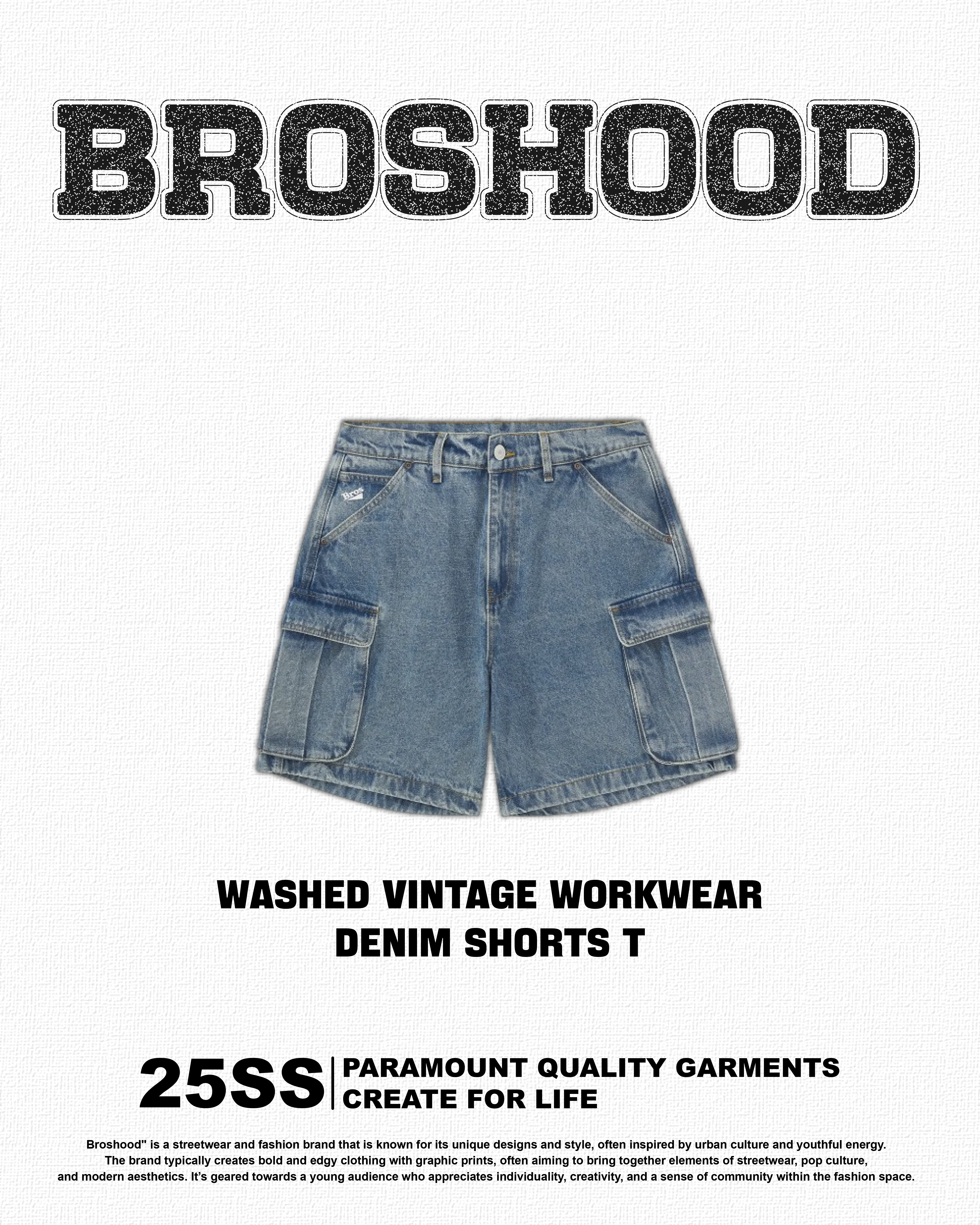 #預購 Broshood 25SS 水洗做舊工裝牛仔短褲