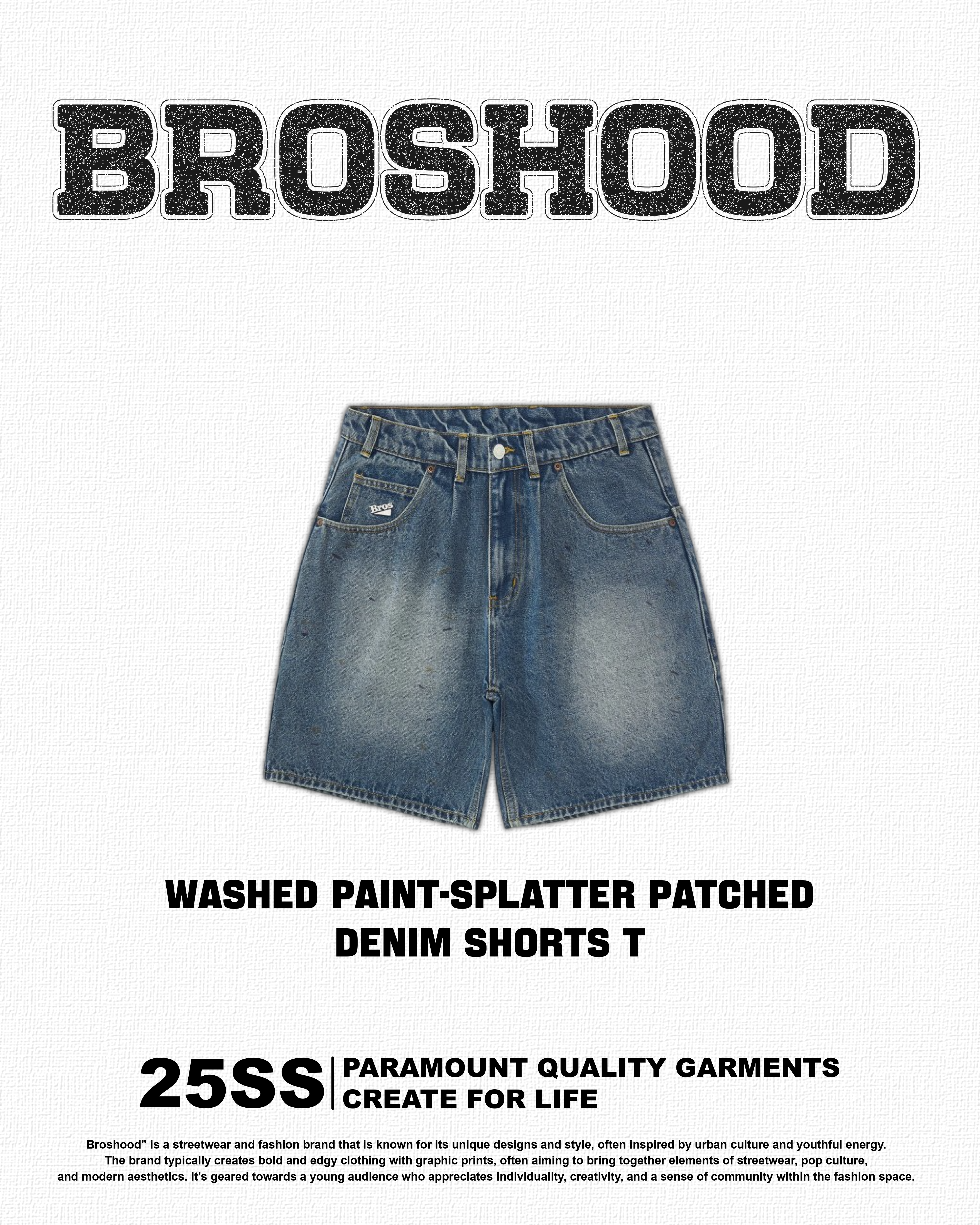 #預購 Broshood 25SS 復古 水洗 潑墨 補丁 牛仔短褲 五分褲