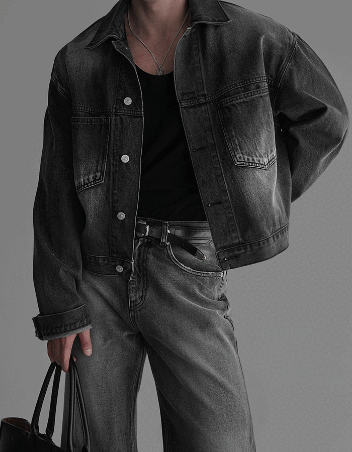 優質黑色水洗牛仔短夾克外套