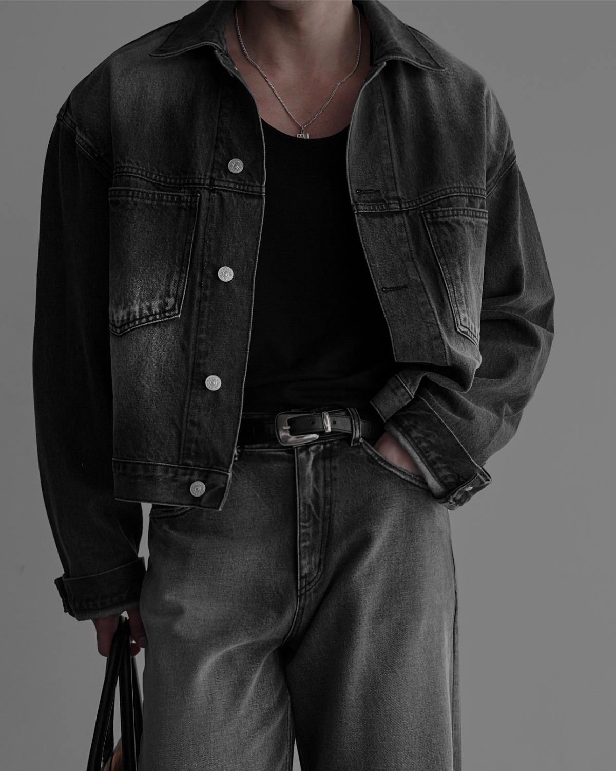 優質黑色水洗牛仔短夾克外套