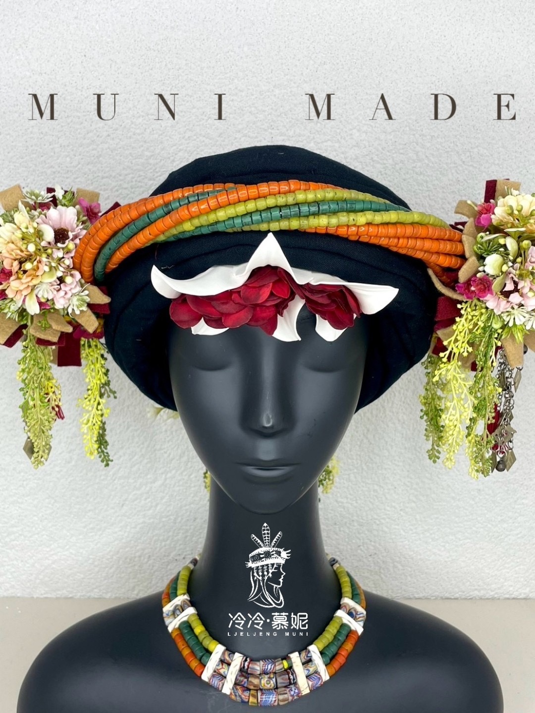 Muni-No.67貿易老珠藏銀配花轉珠頭飾