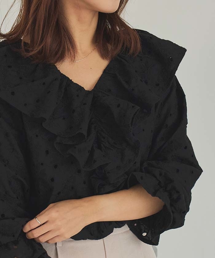 titivateコットンレースフリルブラウス黑M（AFXP4236）