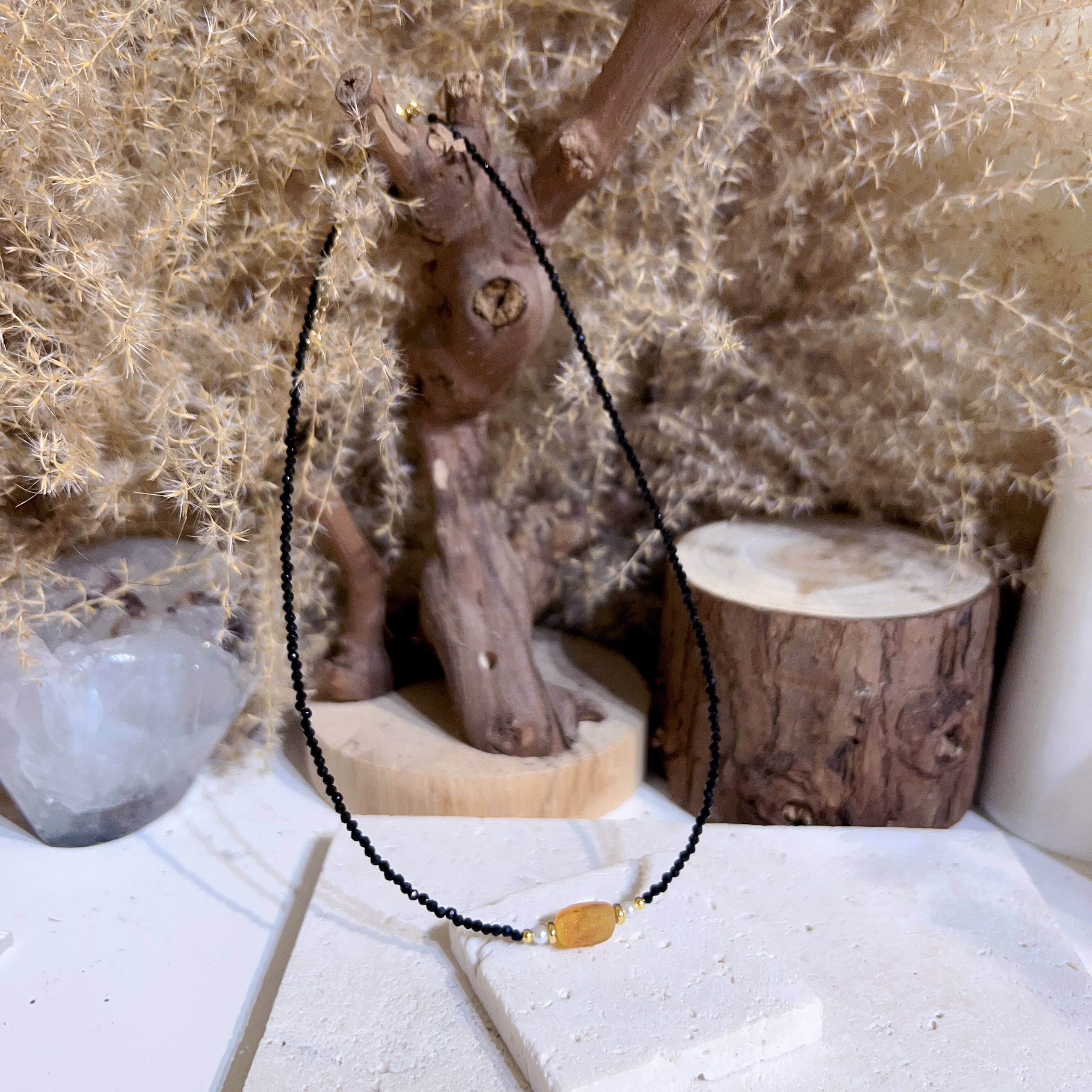 黑尖晶鑽切拼蜜蠟頸鍊 36-41cm