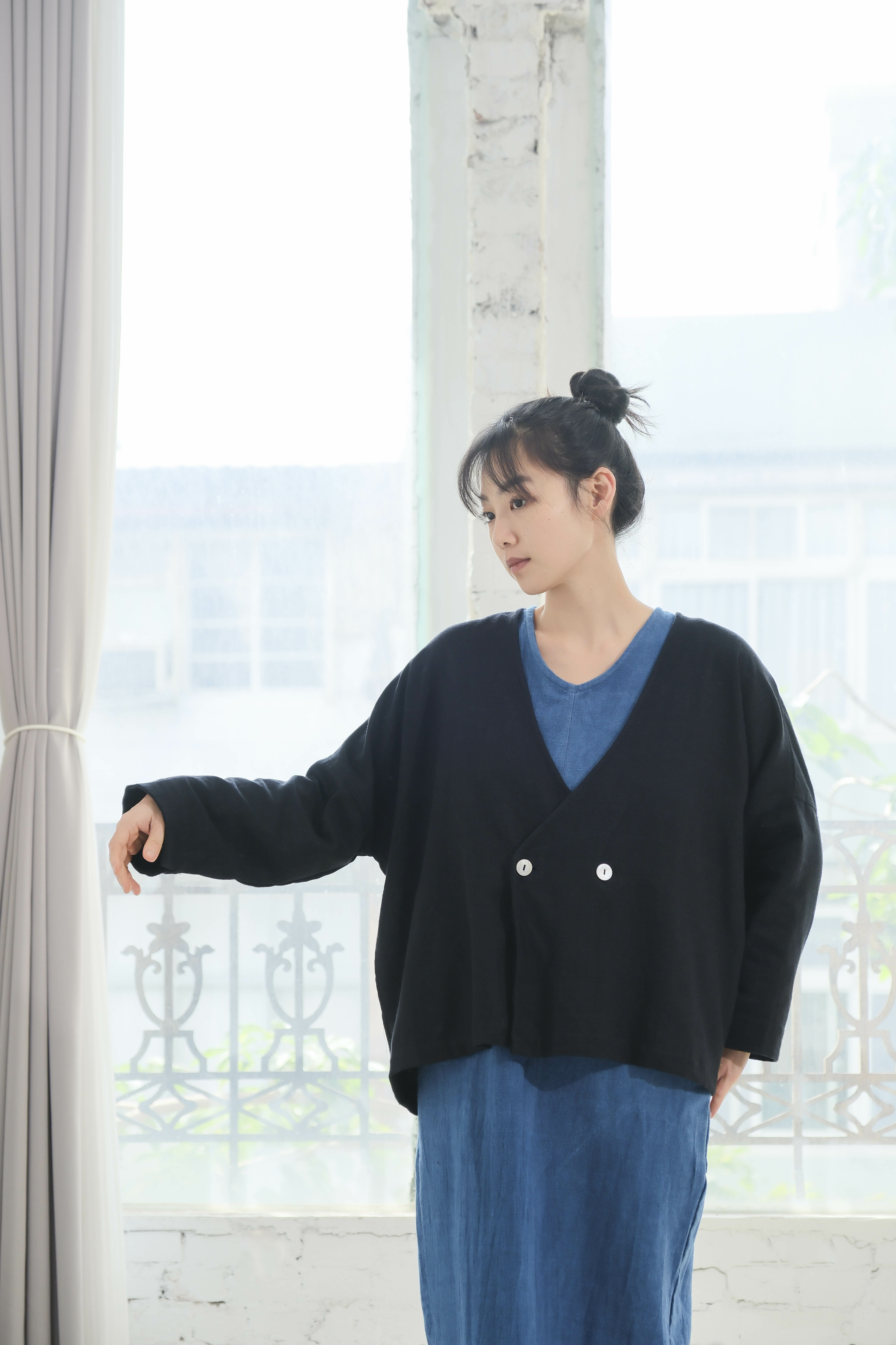 雙釦和式外套 / 礫紋布 黑