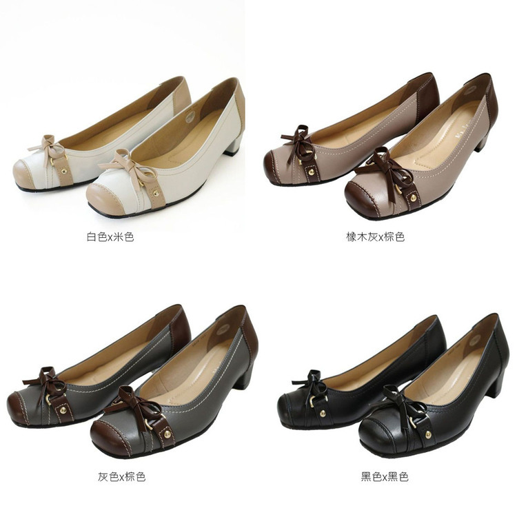 拼接設計 日本製真皮蝴蝶結方頭高跟鞋【PO1040】