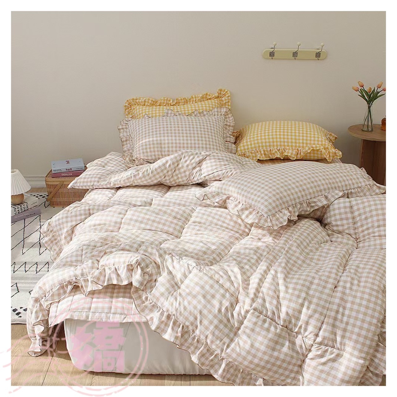 K31003格紋荷葉邊四季被(大'小'枕套'床墊)(米'深灰'綠'黃)