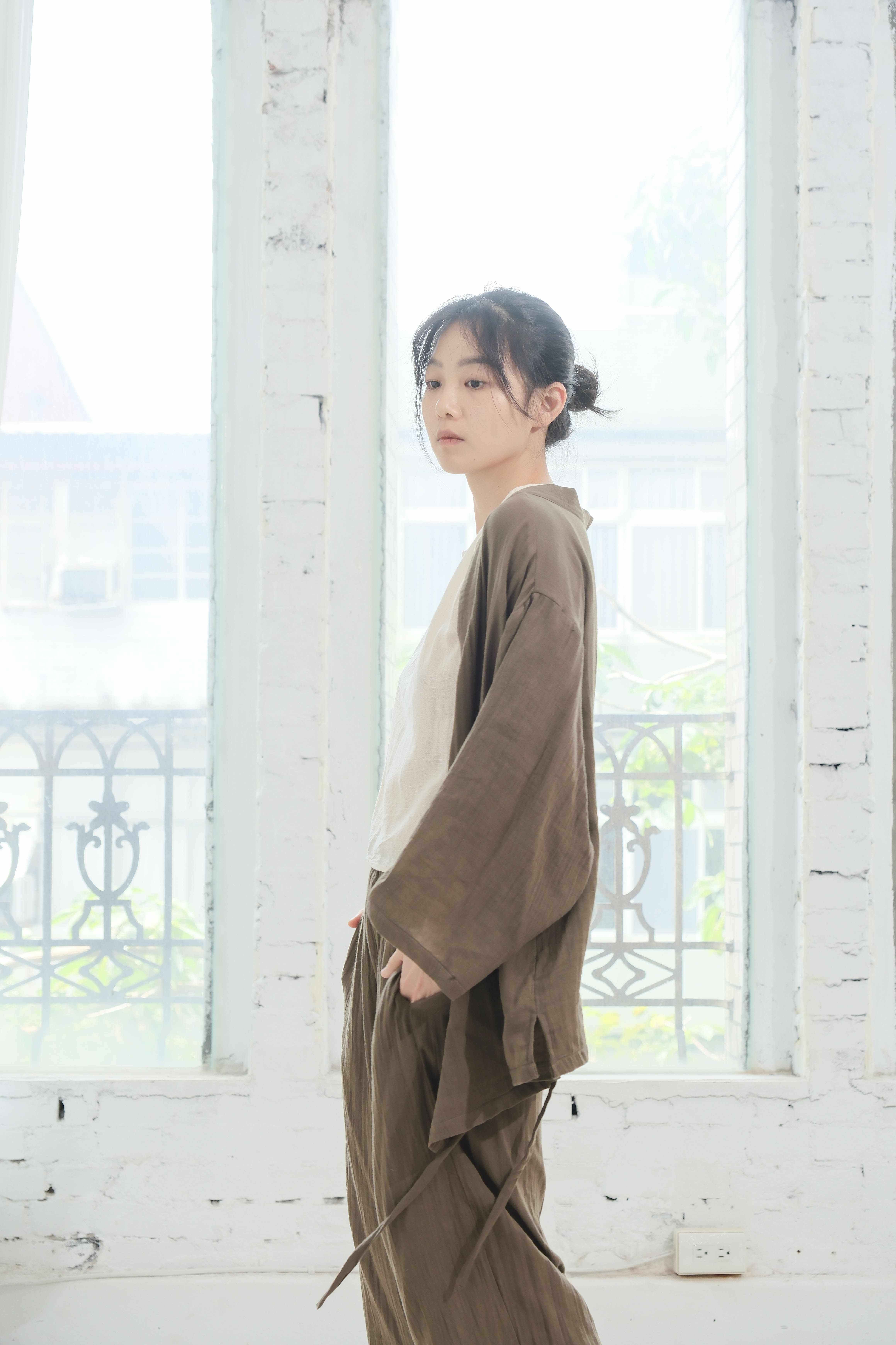 和式綁帶居家服 / 雙層紗 卡其綠