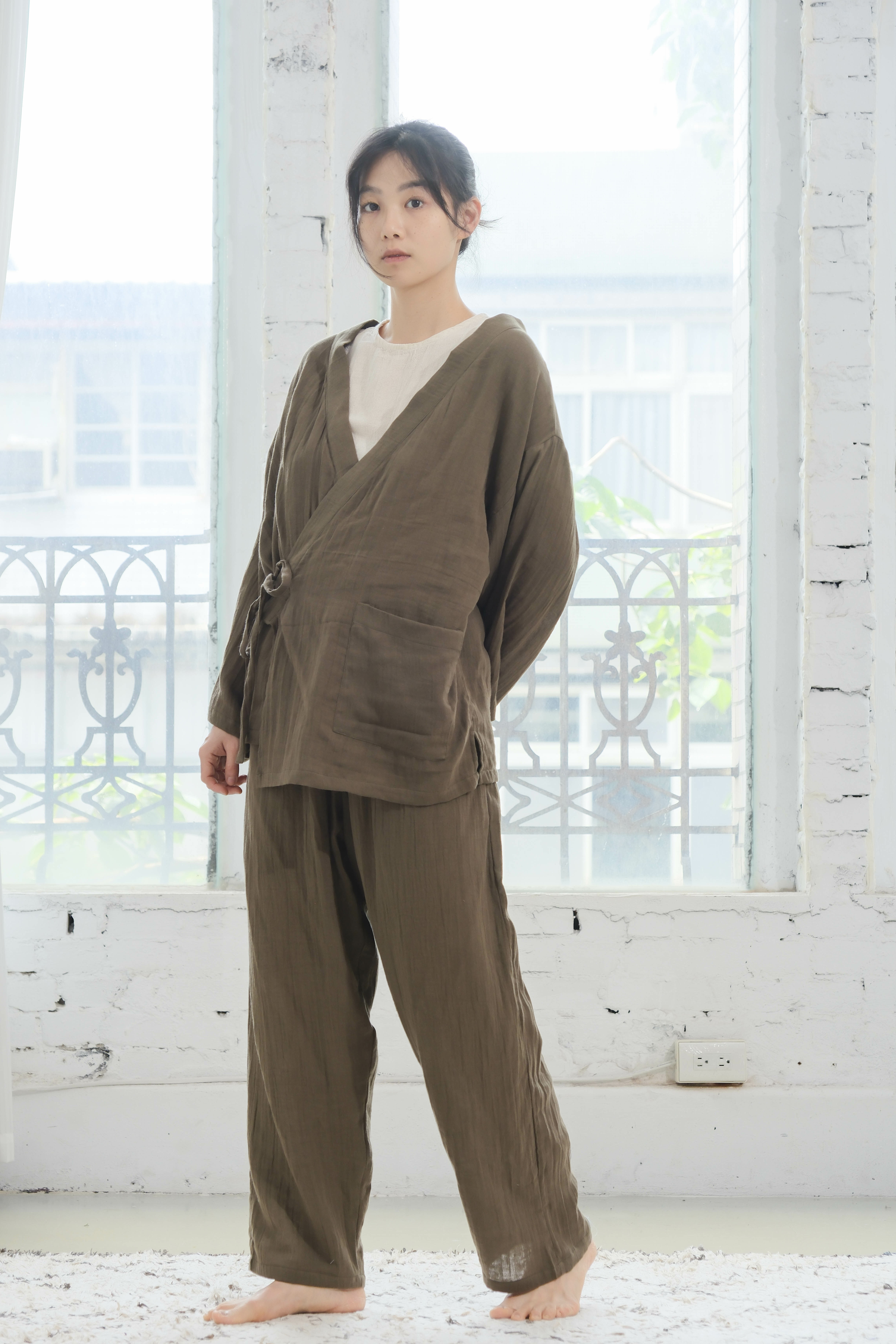 和式綁帶居家服 / 雙層紗 卡其綠