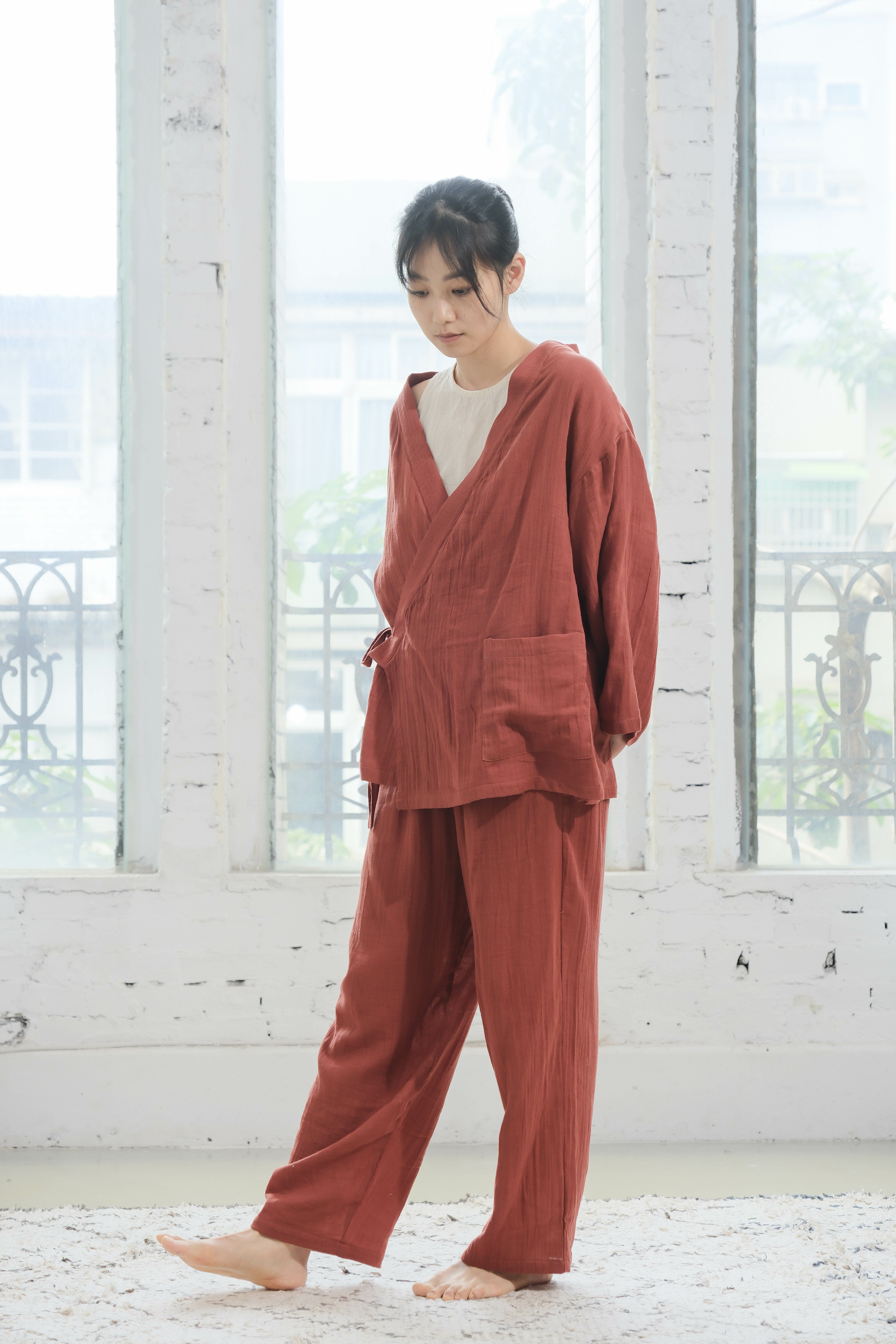 OMAKE 和式綁帶居家服 / 雙層紗 磚紅