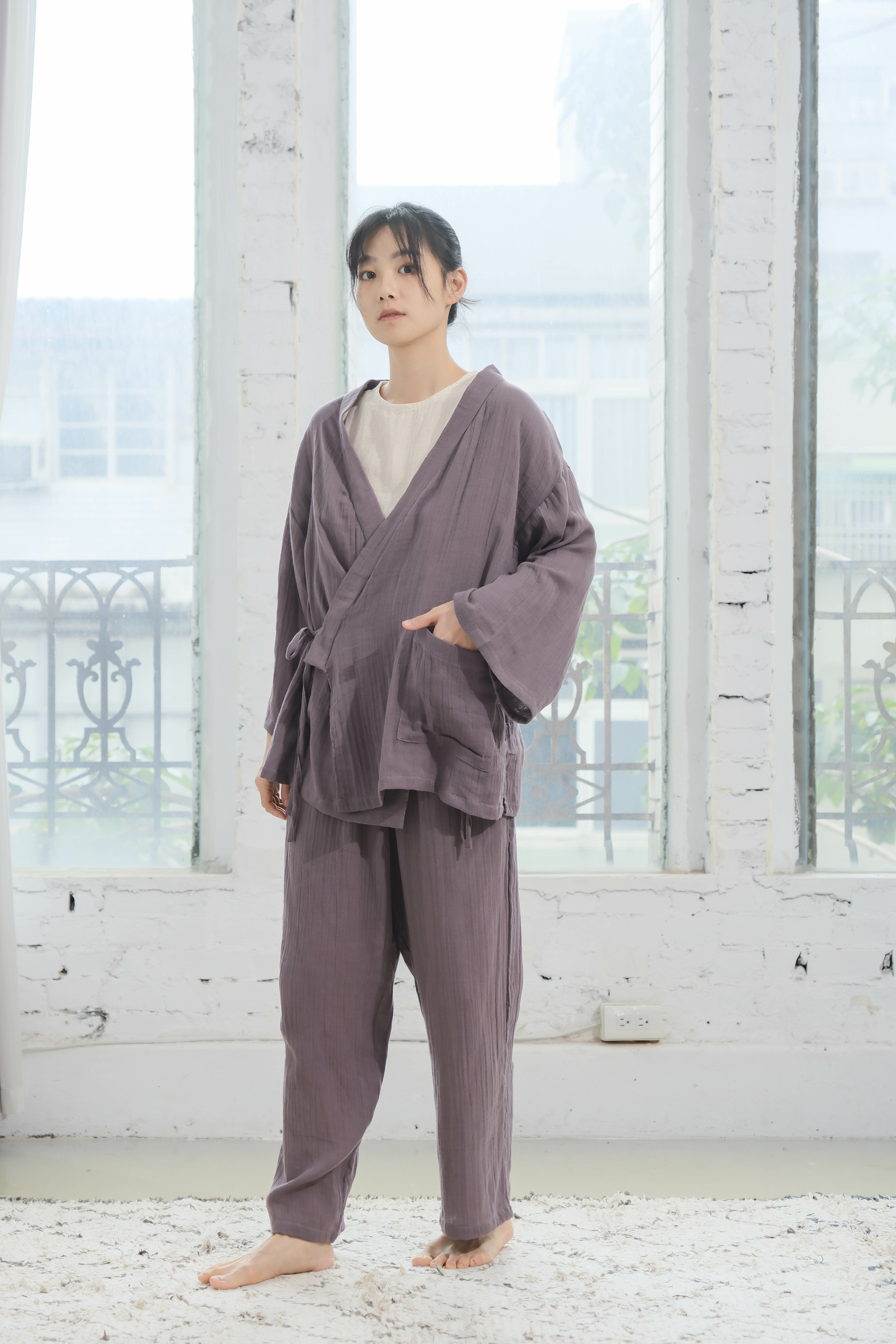 和式綁帶居家服 / 雙層紗 紫檀