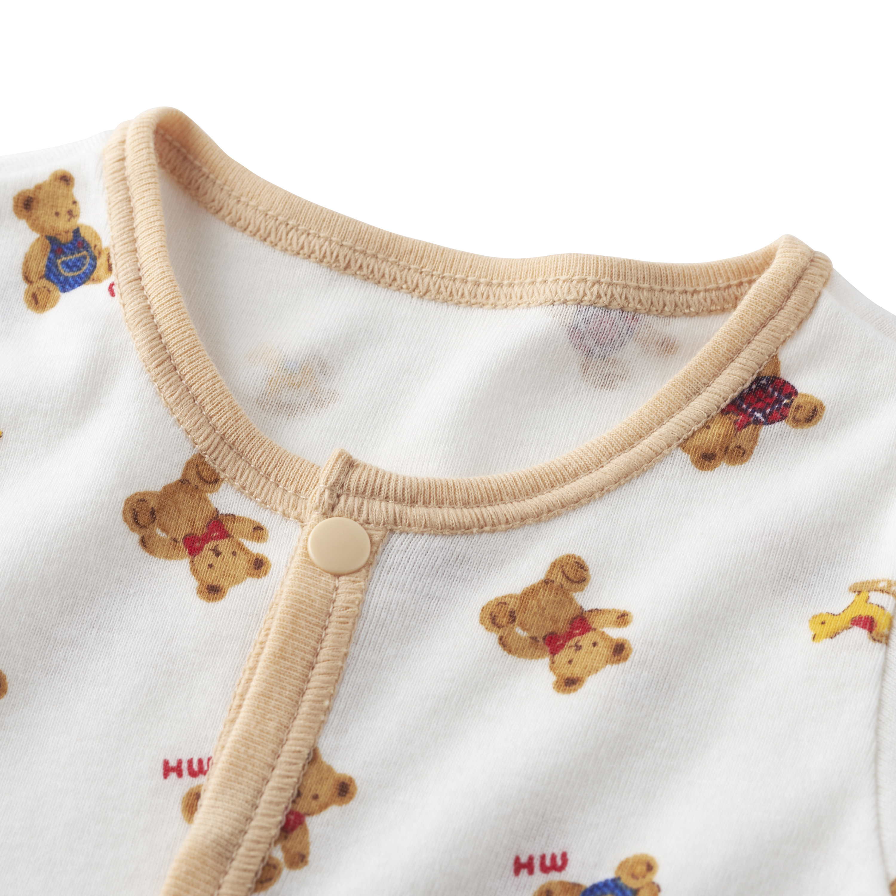 MIKI HOUSE BEAR滿版印花羅紋針織排釦長袖連身衣-駝