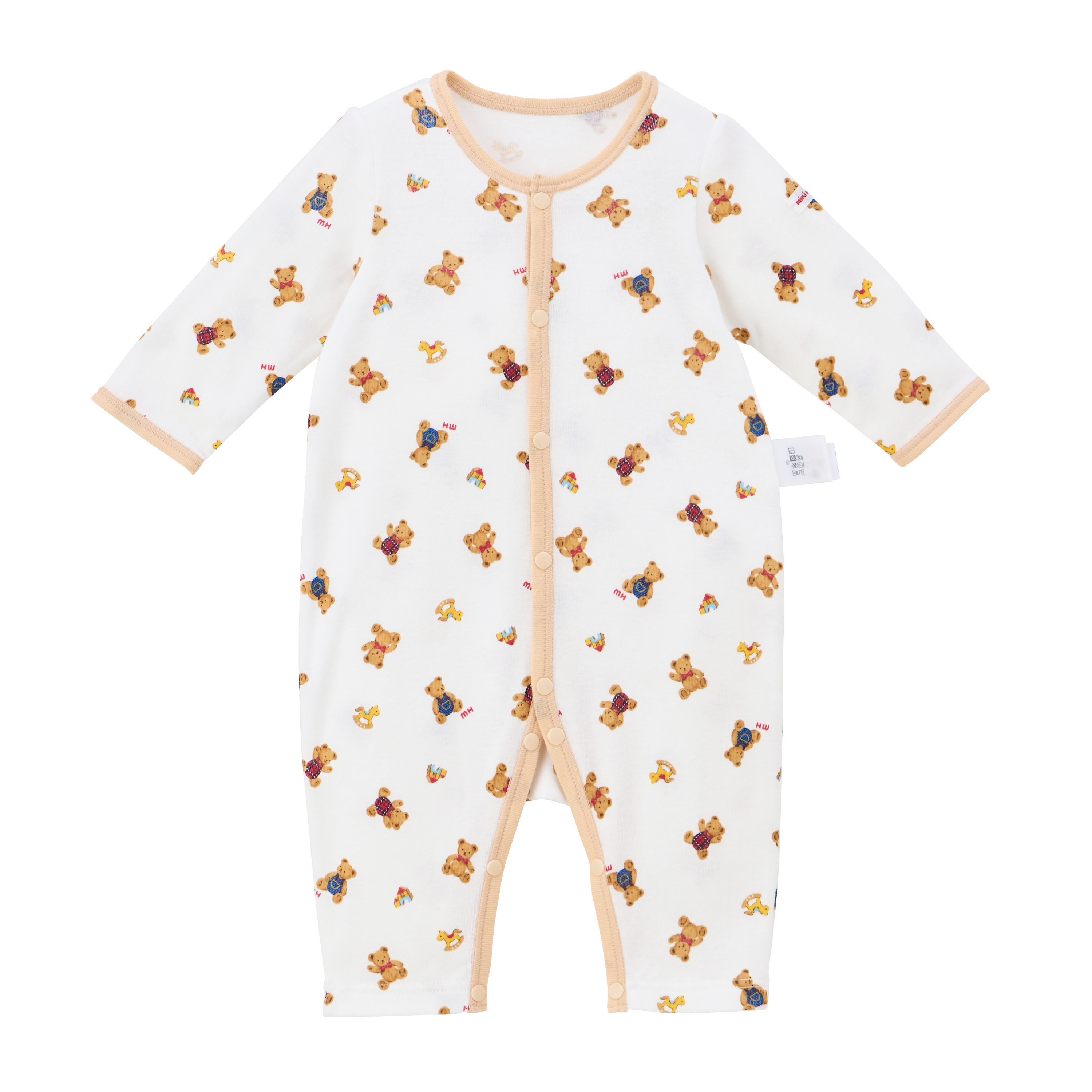 MIKI HOUSE BEAR滿版印花羅紋針織排釦長袖連身衣-駝