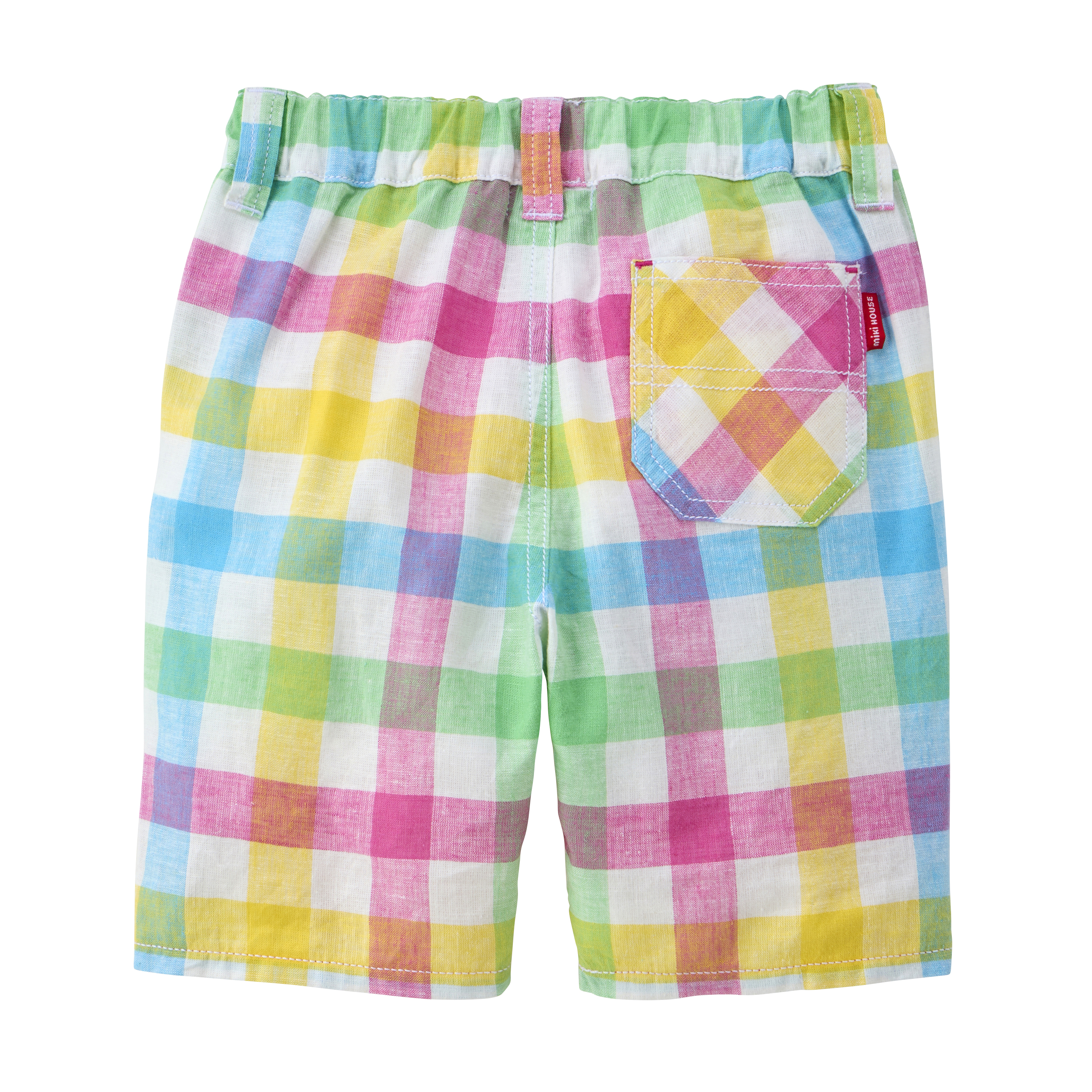 普奇熊棉麻刺繡格子六分褲-多色