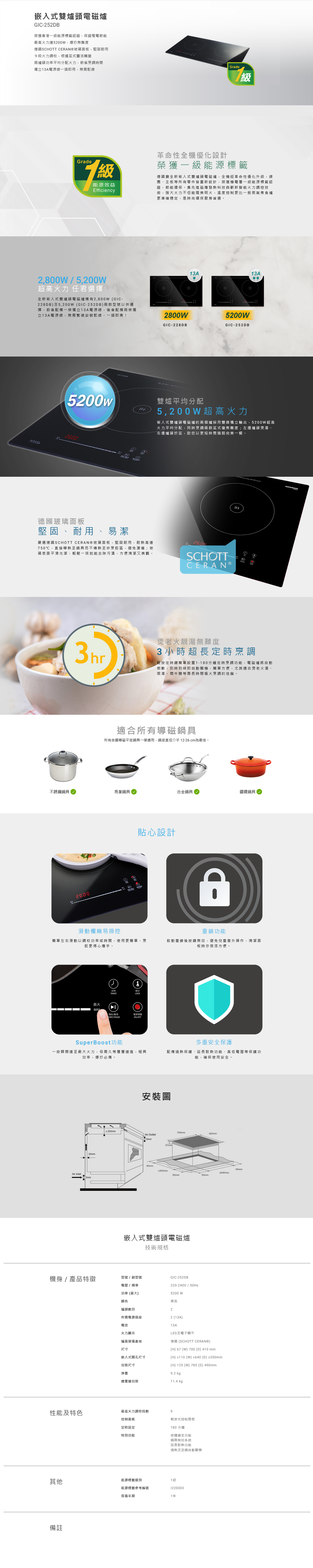 嵌入式雙爐頭電磁爐, 電磁爐, 榮獲香港一級能源標籤認證, 最高火力達5200W, 德國SCHOTT CERAN®玻璃面板, ９段火力調校