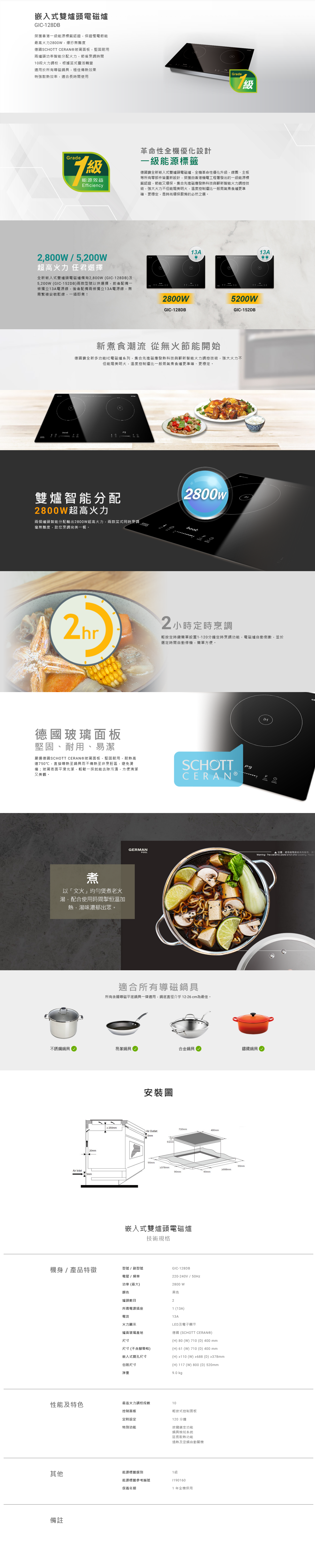 嵌入式雙爐頭電磁爐, 榮獲香港一級能源標籤認證, 最高火力2800W, 德國SCHOTT CERAN®玻璃面板, 10段火力調校