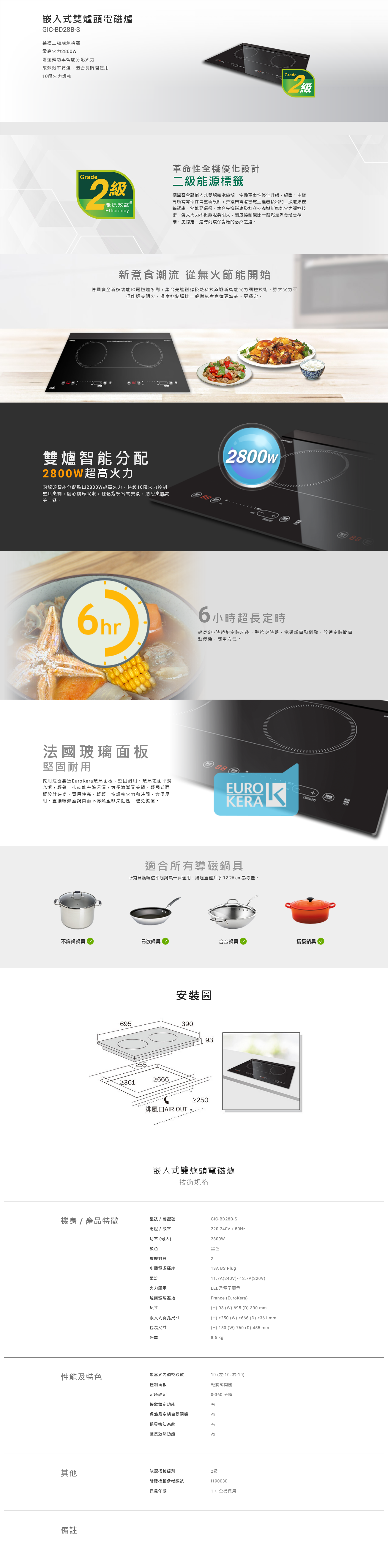 嵌入式雙爐頭電磁爐, 榮獲二級能源標籤, 最高火力2800W, 兩爐頭功率智能分配火力, 10段火力調校