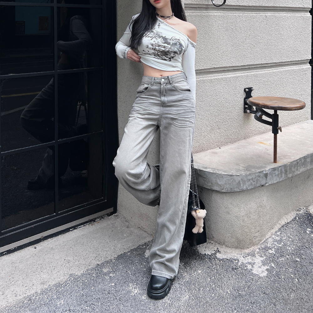 【質感刷色】DOMISS高智感冷灰色長褲! 韓國牛仔褲 長褲 牛仔褲(現貨)