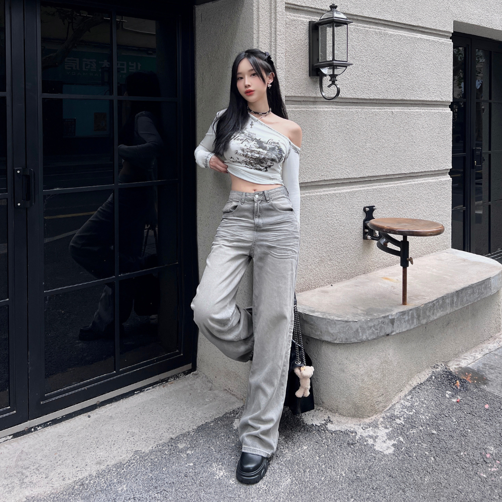 【質感刷色】DOMISS高智感冷灰色長褲! 韓國牛仔褲 長褲 牛仔褲(現貨)