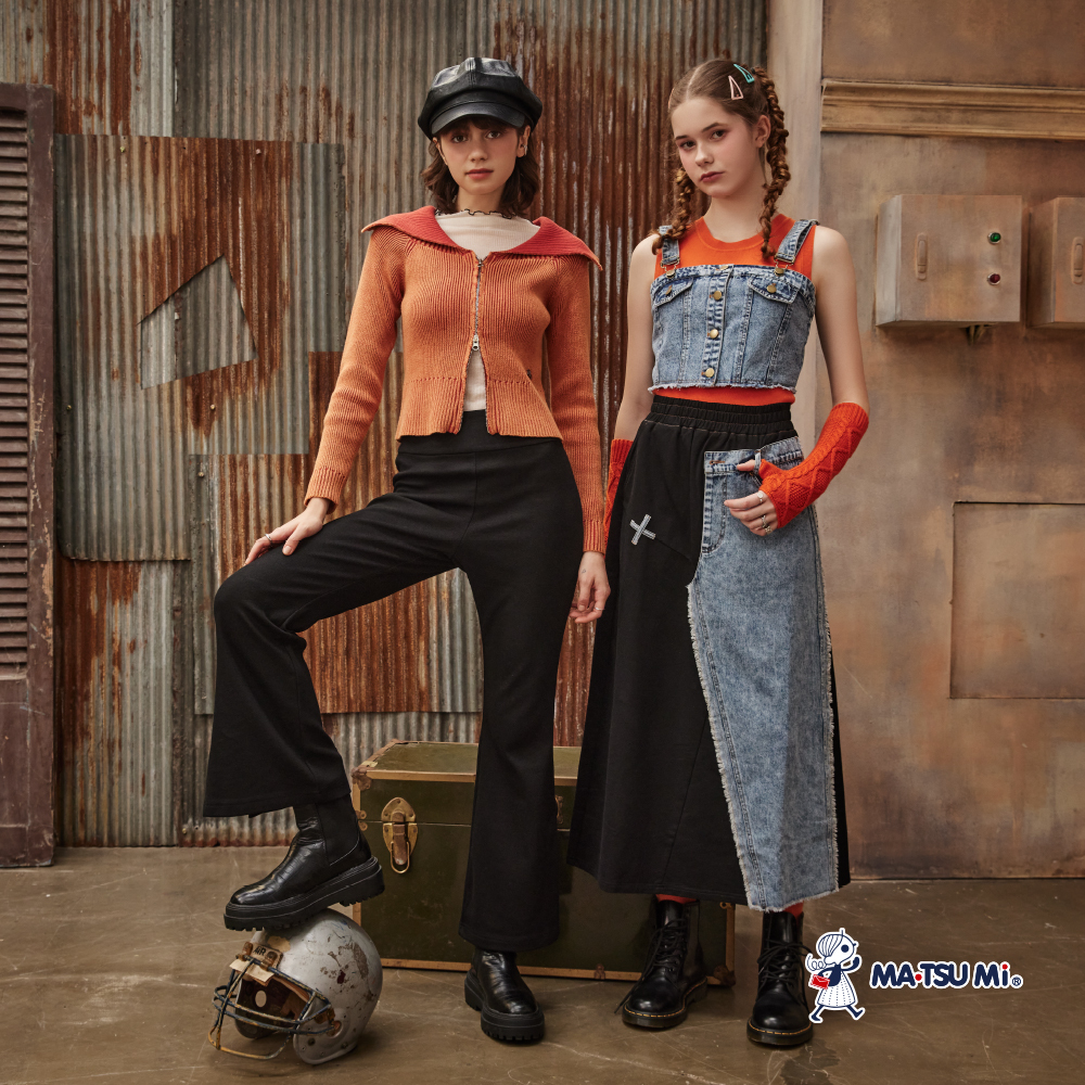 MA‧TSU Mi 簡約微彈修身喇叭褲(黑)