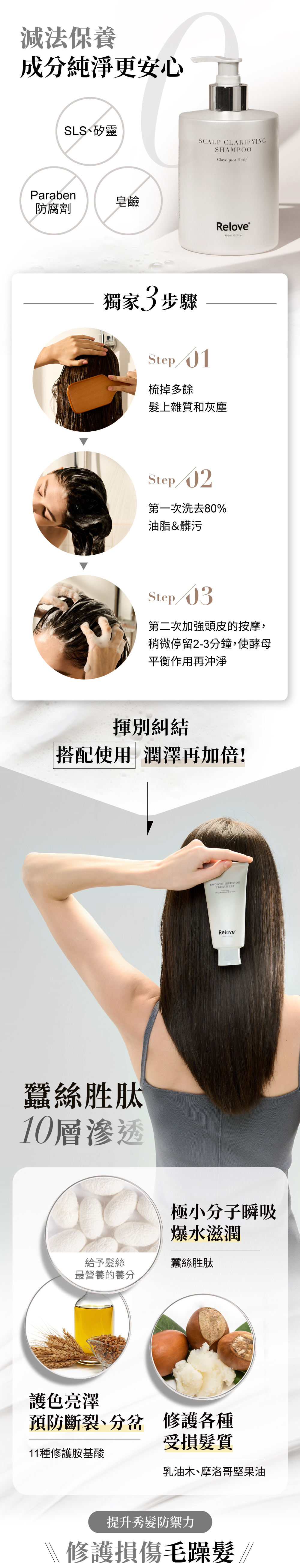 減法保養成分安心，搭配蠶絲胜肽護髮素