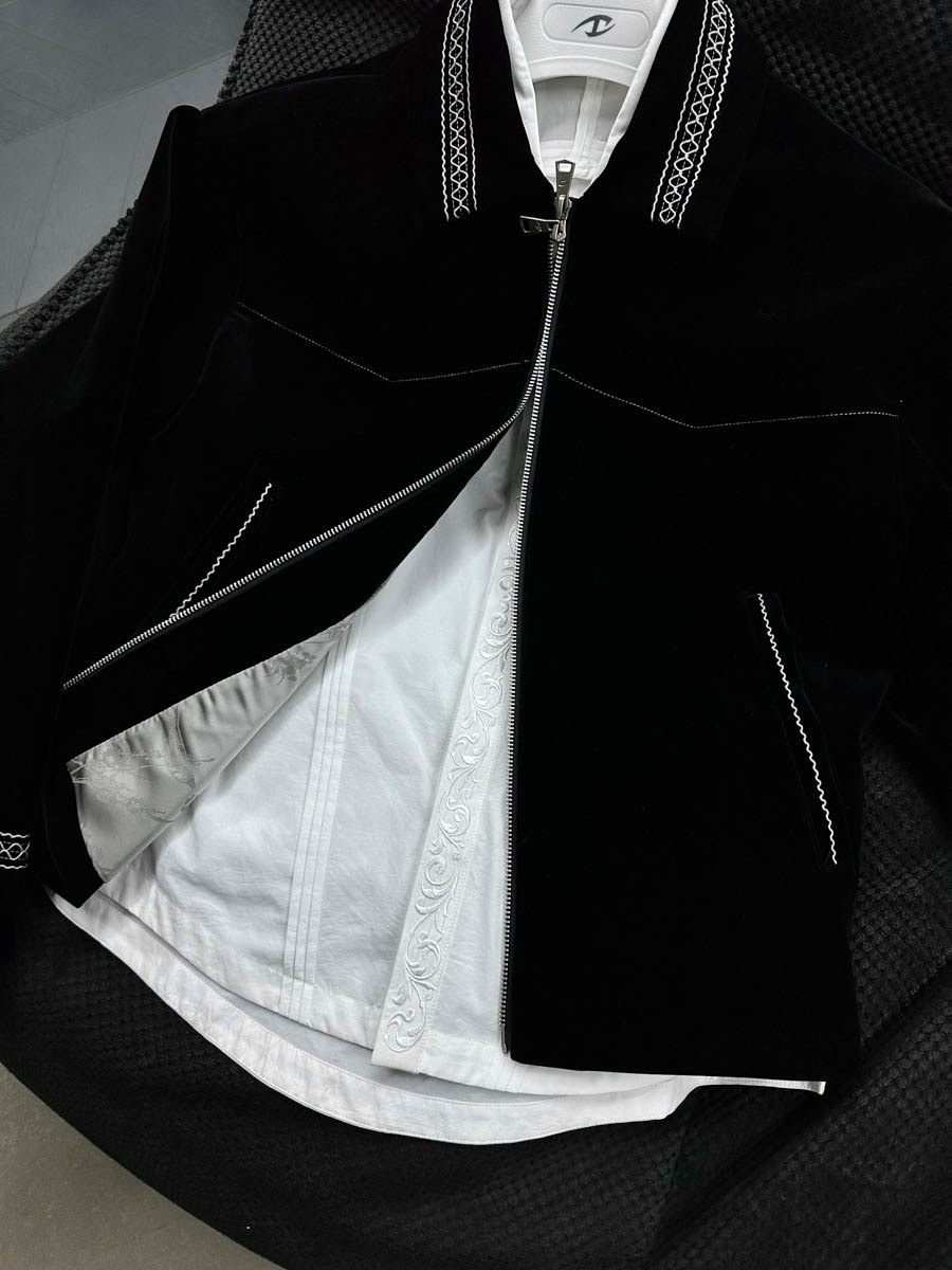 CATSSTAC 黑爵士 銀線刺繡 絲絨 翻領夾克