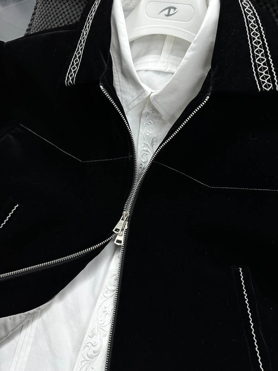 CATSSTAC 黑爵士 銀線刺繡 絲絨 翻領夾克