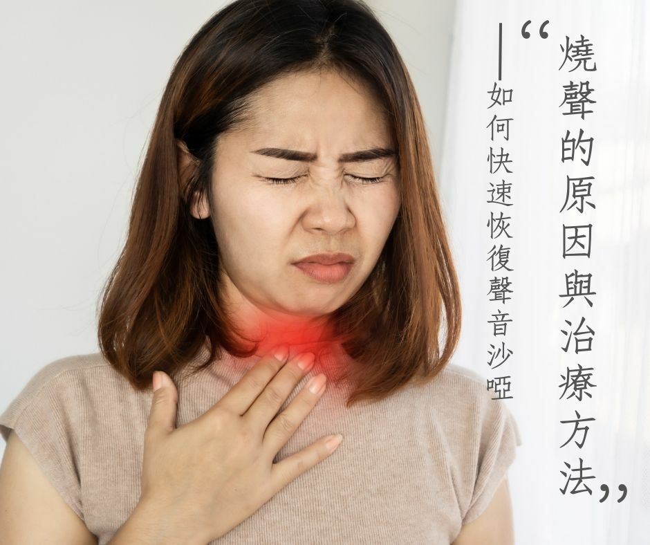 年輕女性捂著喉嚨表現出疼痛表情，喉嚨處紅色標記顯示發炎症狀，旁邊文字說明「燒聲的原因與治療方法，如何快速恢復聲音沙啞」，呈現喉嚨不適症狀與尋求治療資訊的主題。