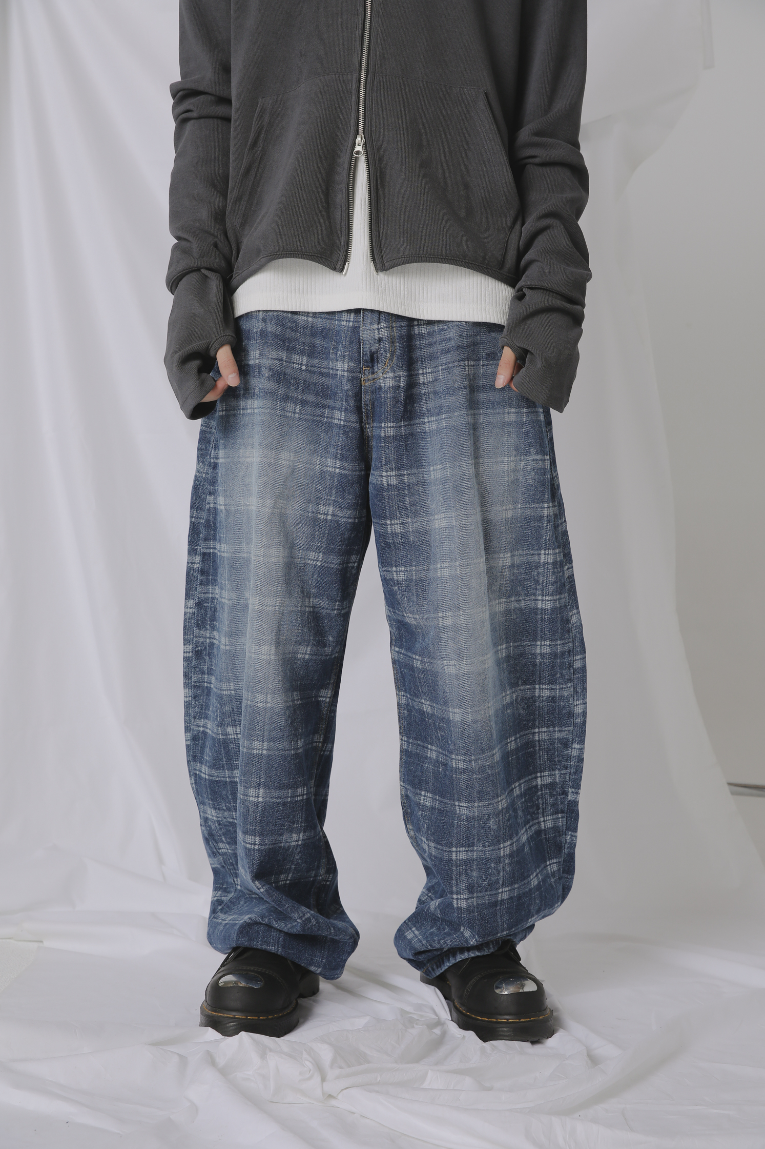 【Unisex】Check Denim Pants #牛仔褲