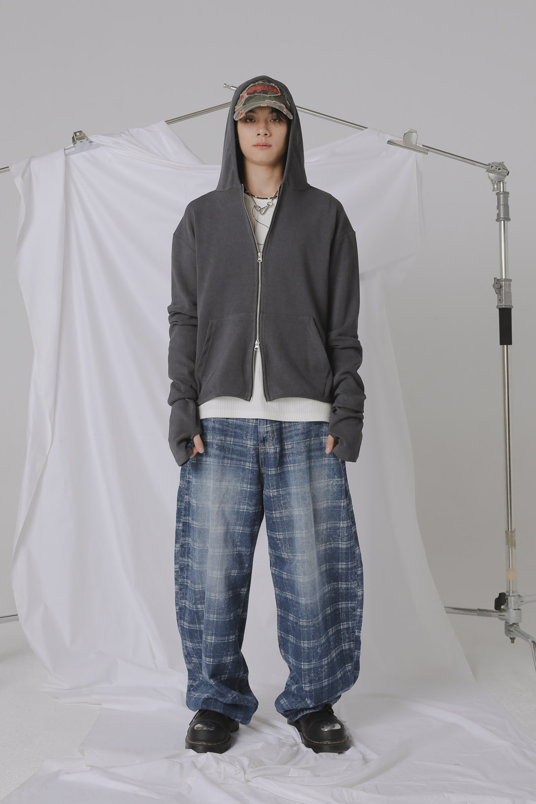 【Unisex】Check Denim Pants #牛仔褲