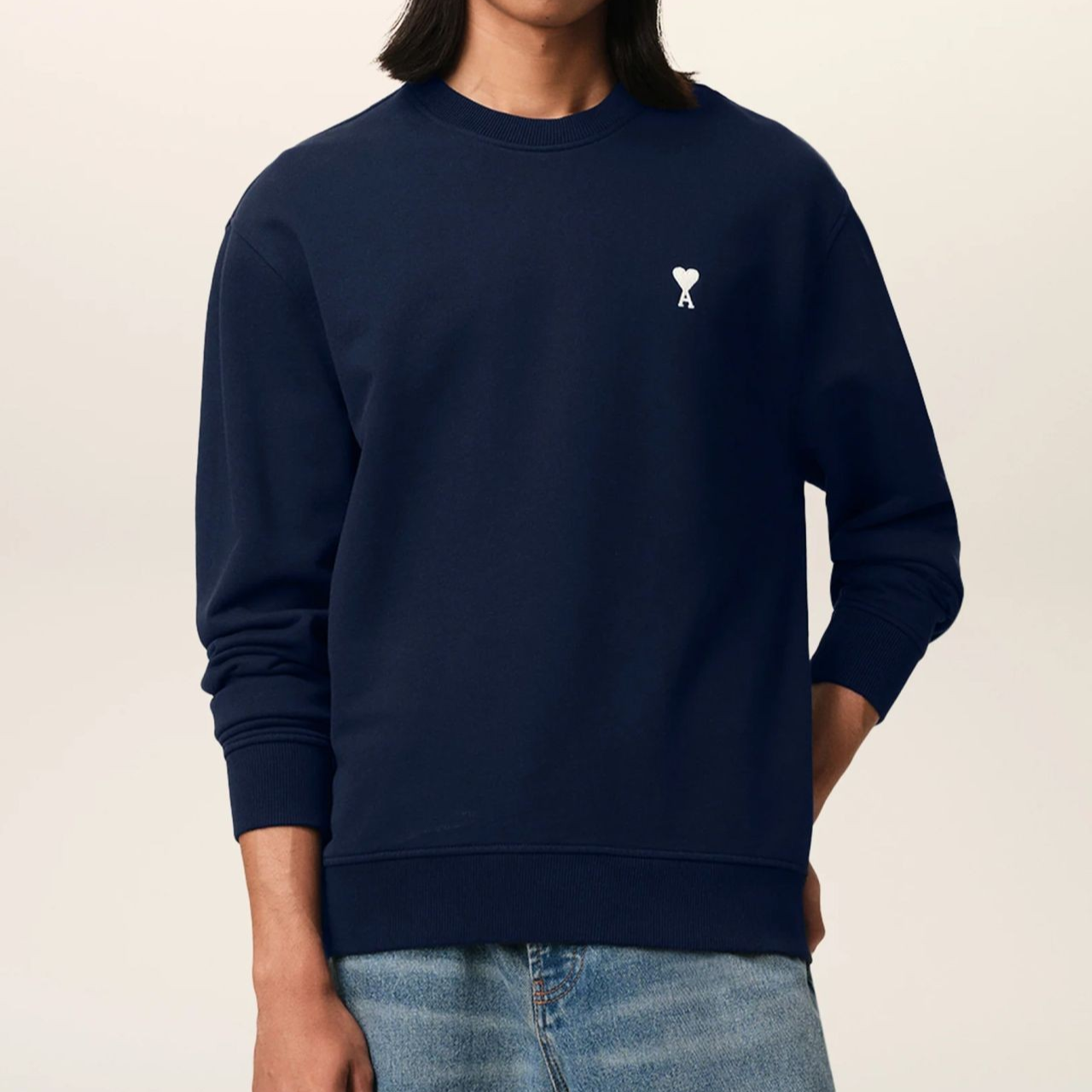 1LN0307-011 AMI Paris Classic Fit Ami De Coeur Organic Cotton Fleece Sweatshirt Navy #FSW060-730-430 (C-NB-E)