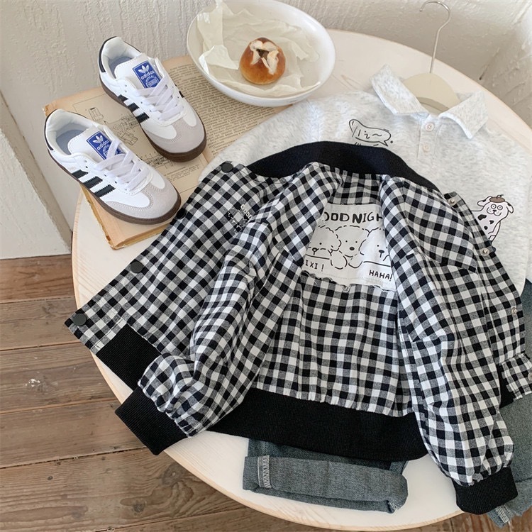 黑白格布標狗狗外套