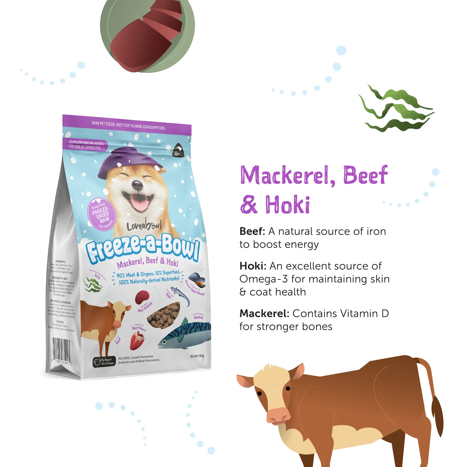 Loveabowl Mackerel Beef Hoki Freeze Dried Raw Dog Recipe 425g