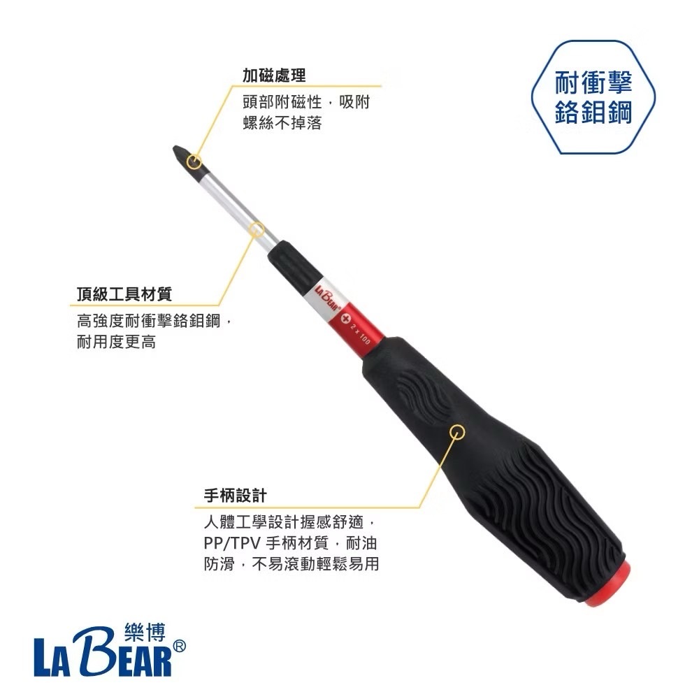 LaBear 樂博｜525型 黑色膠柄高扭力螺絲起子 十字 一字｜100mm 150mm 強力型螺絲起子 防滑起子 帶磁性｜台灣製
