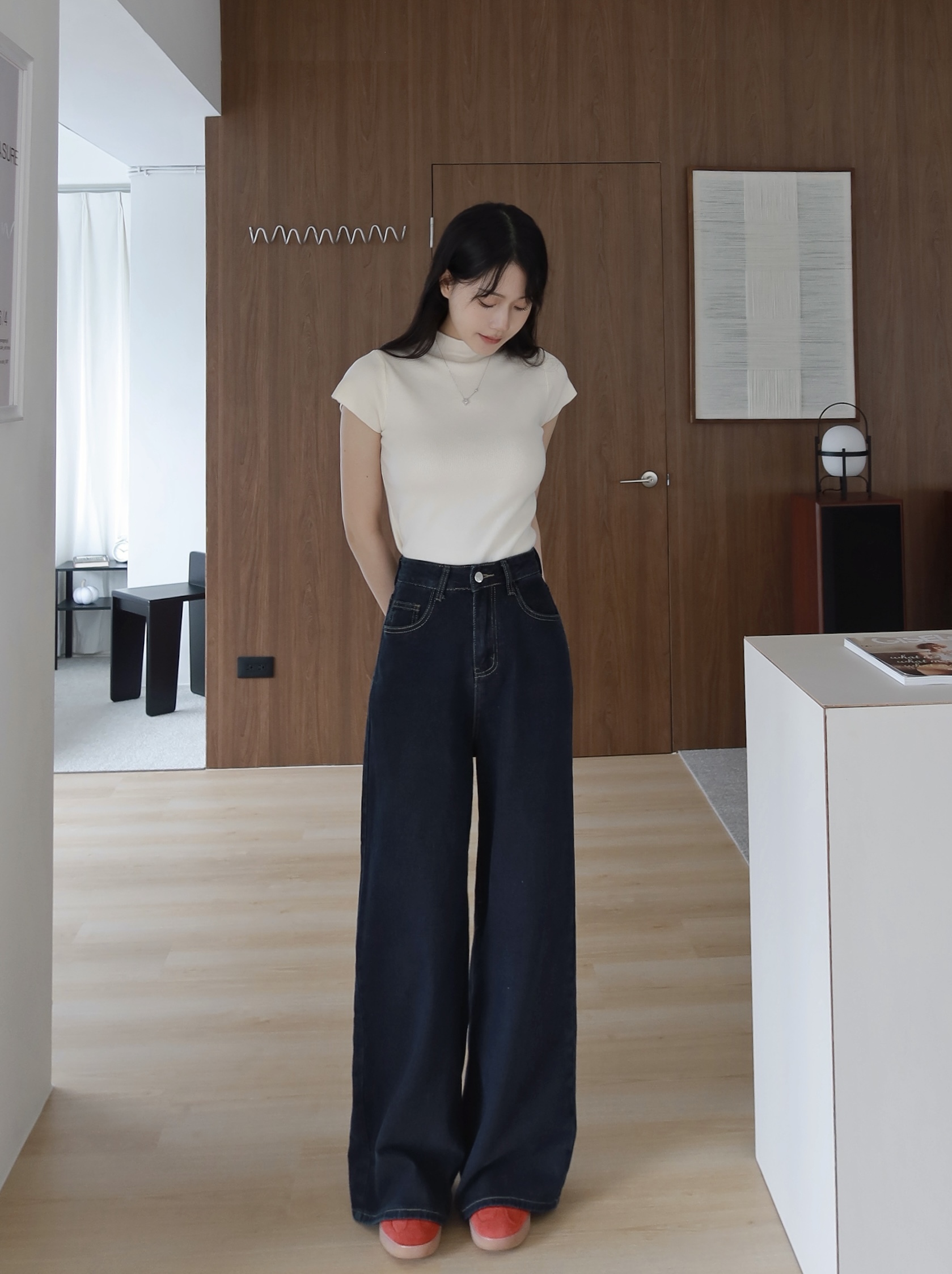 知性復古車線牛仔寬褲