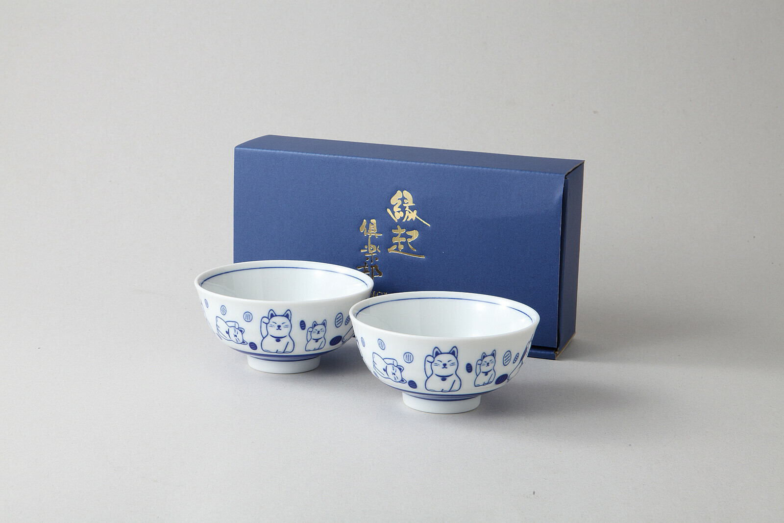 日本美濃焼藍染縁起招き猫瓦碗套裝 (日本製)