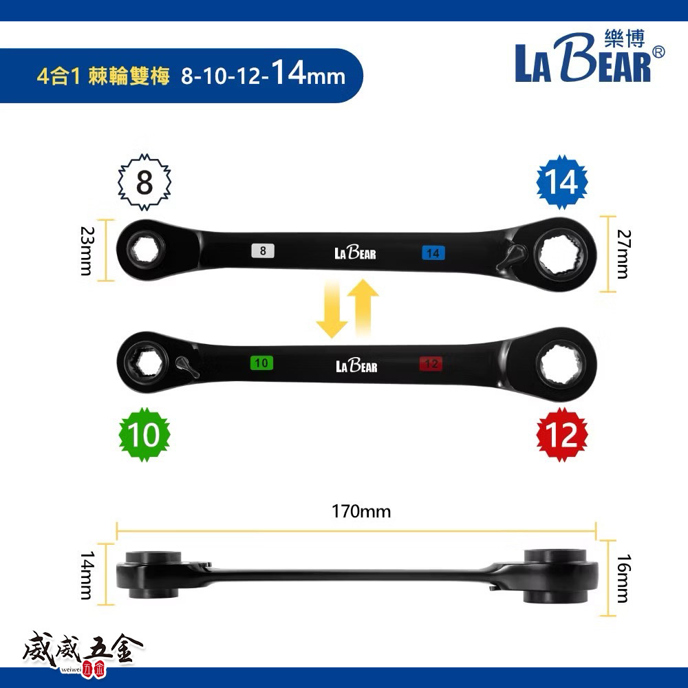 LaBear 樂博｜8-10-12-14mm｜4合1 棘輪扳手 4in1 雙向雙梅扳手｜120齒｜棘輪梅花扳手｜台灣製