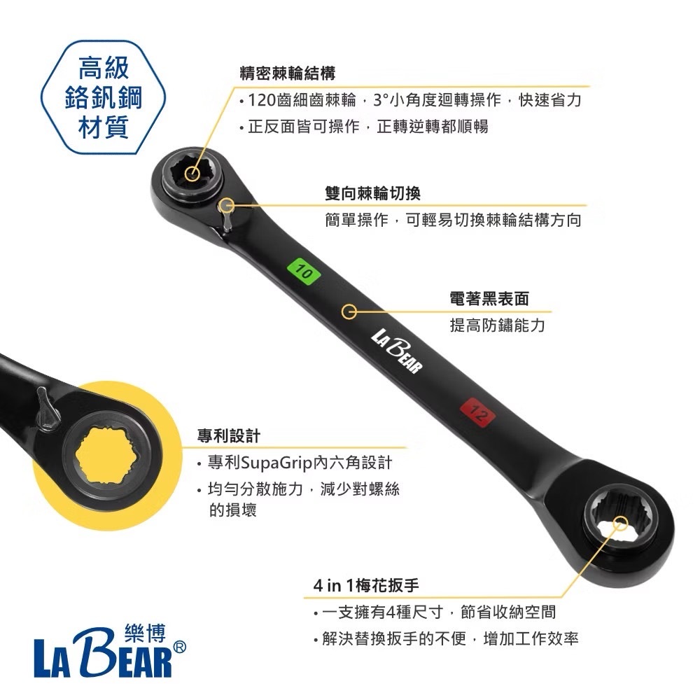 LaBear 樂博｜10-13-17-19mm｜4合1 棘輪扳手 4in1 雙向雙梅扳手｜120齒｜棘輪梅花扳手｜台灣製